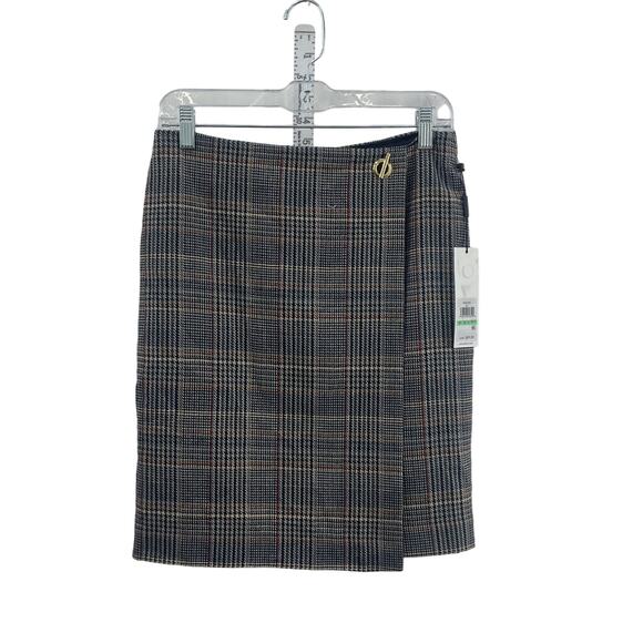 Calvin Klein Petite Wool Wrap Glen Check Women's Midi Skirt Brown Size 8 NWT - Picture 1 of 5
